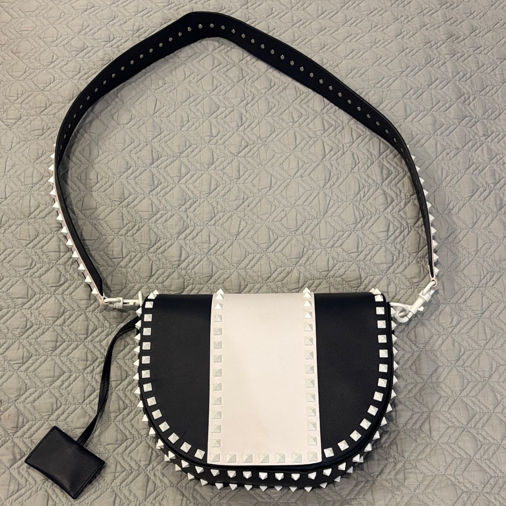 Valentino Garavani Blue and White Rockstud Crossbody Saddle Bag